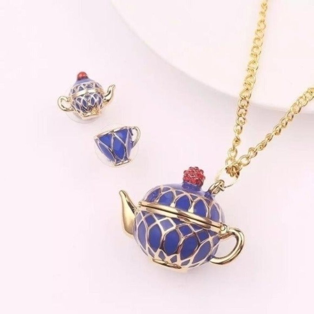 Tea pot necklace & earrings set enamel - Picture 1 of 7